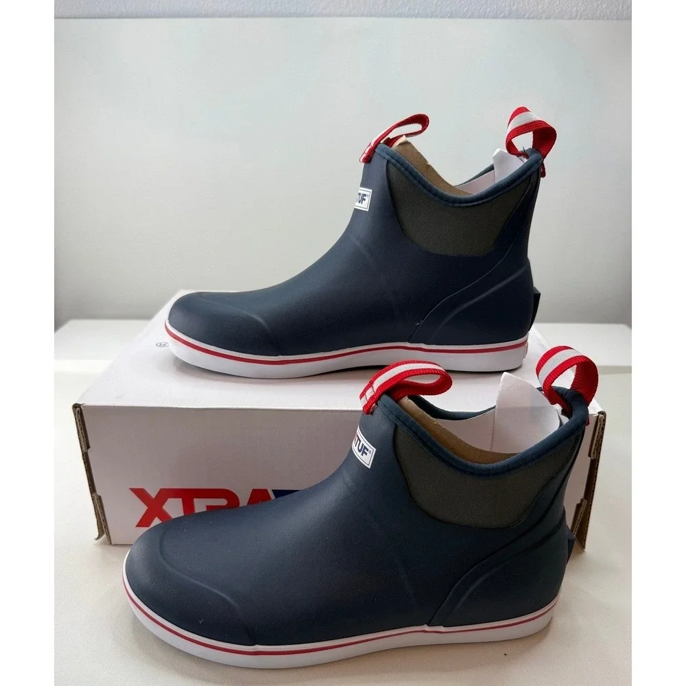 XTRATUF Mens Ankle Deck Boot Navy Red Waterproof Fishing Shoes Size 9 NEW